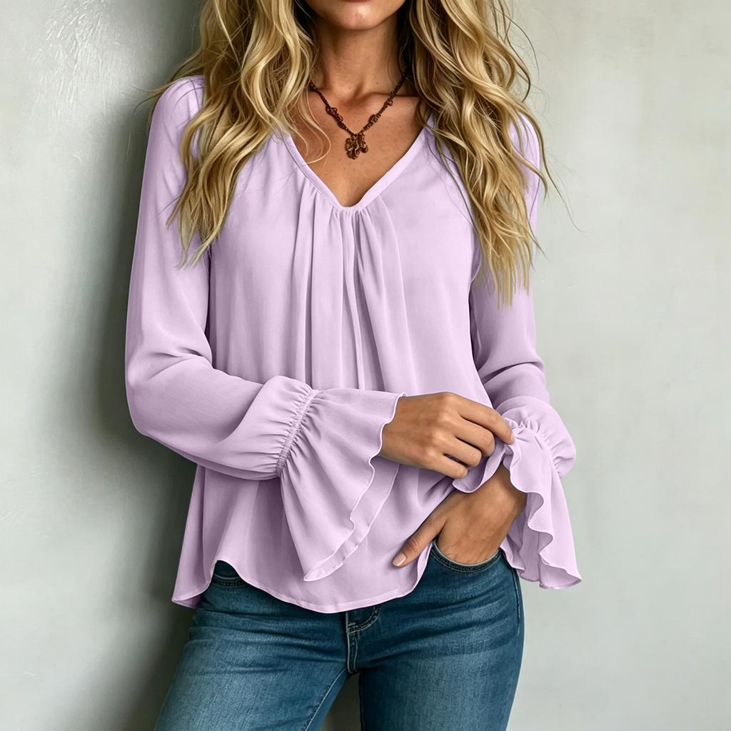 Women's V-Neck Pleated Long Sleeve Loose Fit Blouse - Color Elegant Top