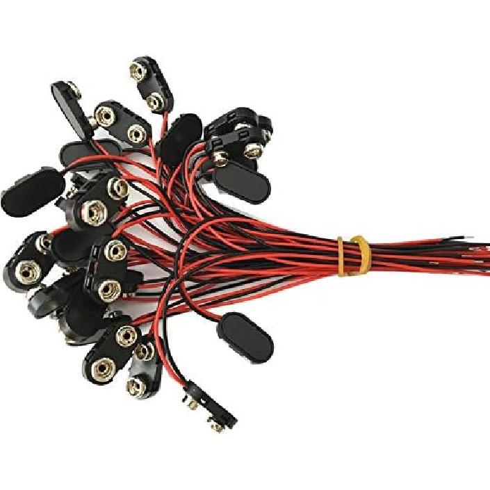 100ea I Shape 9V Battery Button Snap Connector Black Plastic Shell Copper Button 150mm Wire 4mm Tin End