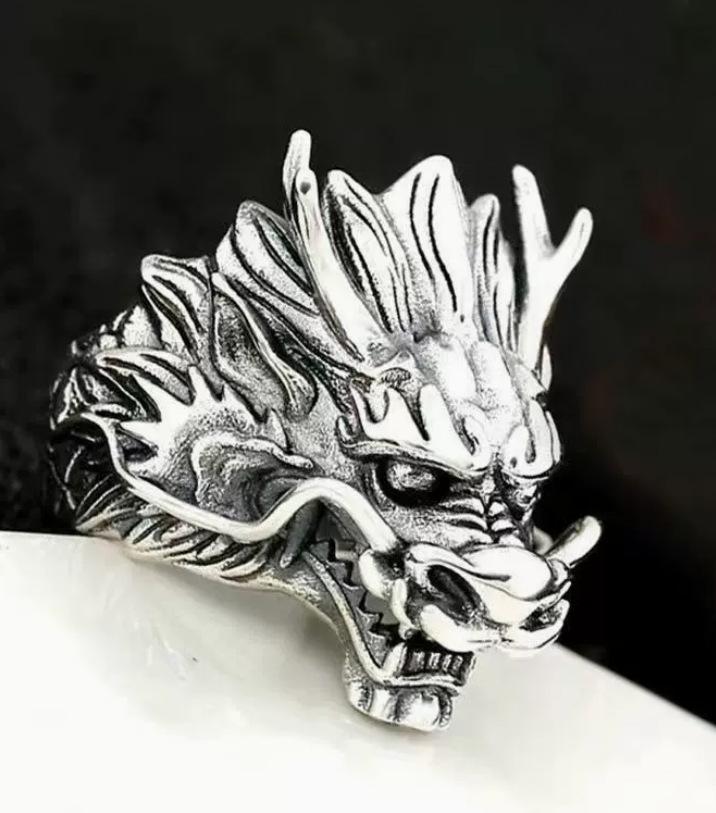 Men s Retro Thai Silver Zodiac Dragon Head Ring