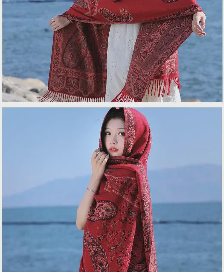 Ethnic Style Cashew Pattern Shawl Cloak Scarf: Imitation Cashmere, Thick, Dual-Purpose Women's Accessory for Autumn/Winter