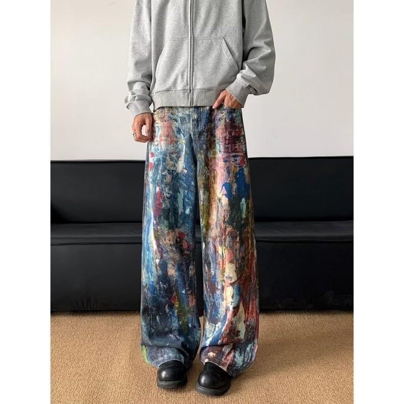 Mens Straight Fit Denim Pants With Hand-Painted Graffiti Art Mid-Rise Cotton Jeans Casual Wear