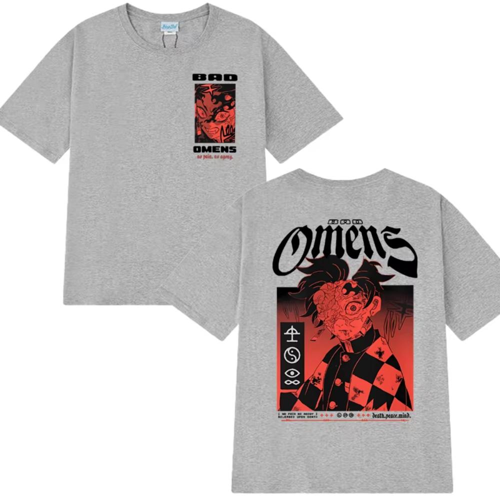 

Готическая футболка с принтом «Плохие предзнаменования» и демоном, двусторонняя, мужская, женская, винтажная, хип-хоп, уличная одежда, унисекс, хлопковая, с коротким рукавом 4XL