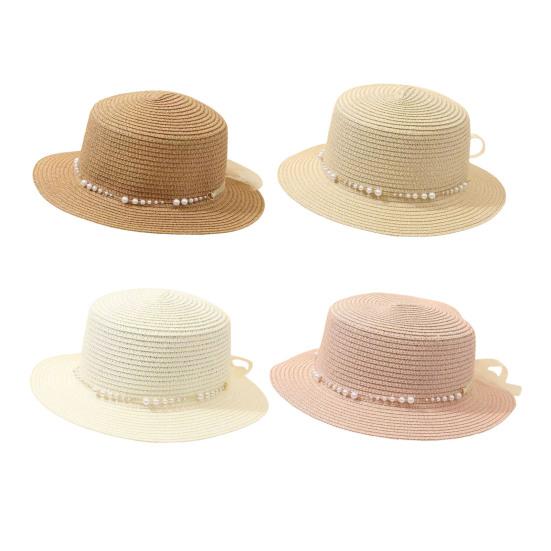 Beach Hat Wide Brim Flat Top Imitation Pearls Trim Tulle Bow Decor Straw Hat Lightweight Breathable Sun Protection Hat