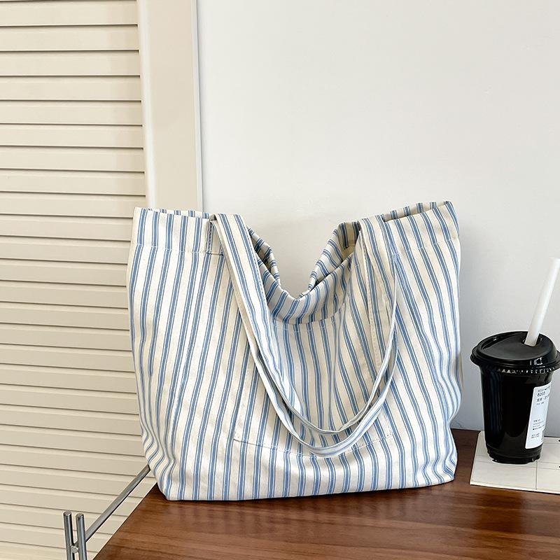 Striped Canvas Bag Women's Large-capacity Summer New Casual Shoulder Bag College Student Class Tote Bag