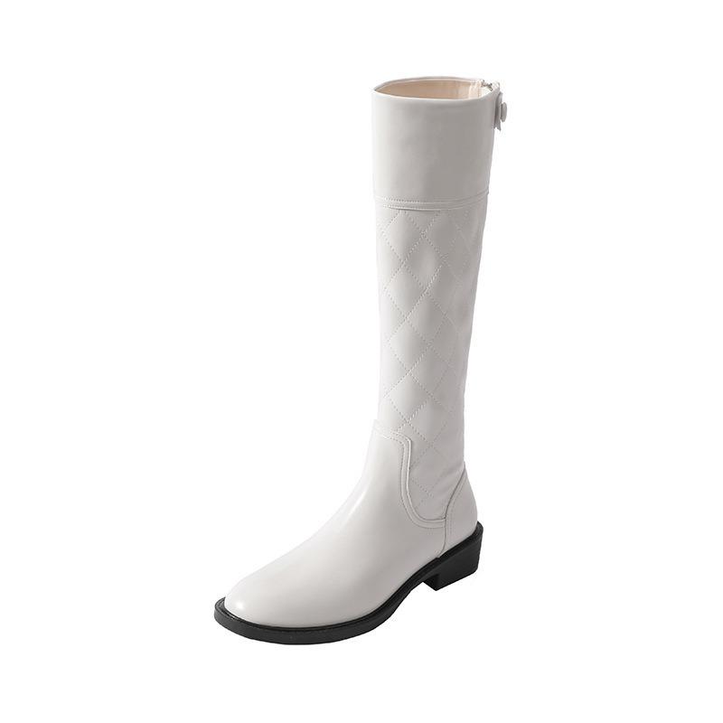 Cowhide Version Rhombus Pattern Round Head High Tube Thick Heel Knight Boots Women But Knee Thin Flat Bottom Boots Women
