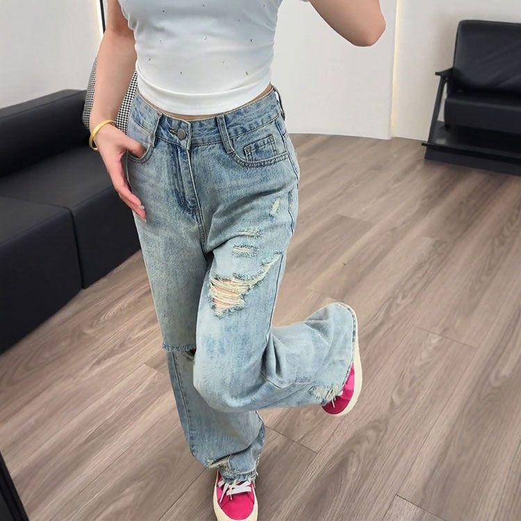 Lockere hellblaue Jeans mit Löchern für Damen, Herbst, Retro, hoch tailliert, eng anliegend, schmal gerade, Bettlerhose, Retro-Streetstyle, Baggy-Jeans für Damen