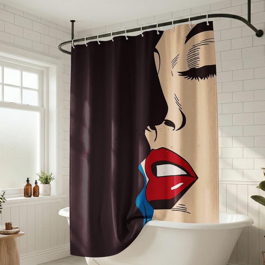 Vintage Pop Art Sexy Red Lips Shower Curtain, Comic Girl Face Bathroom Decor, Modern Retro Fashion Fabric Bathroom Curtain