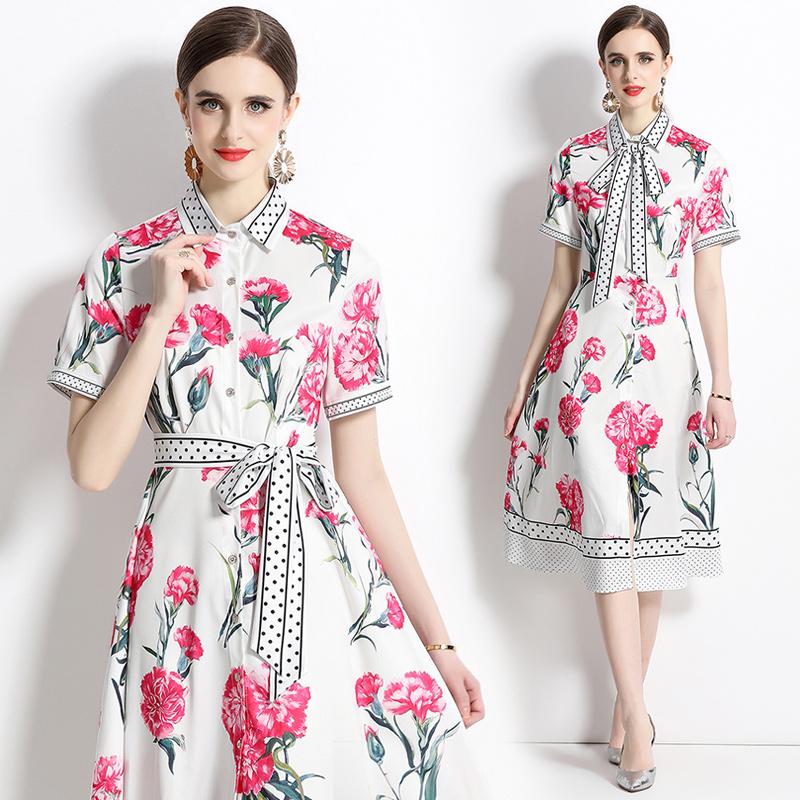 

Летнее дизайнерское платье-рубашка с подиума, женские платья с воротником с лацканами и коротким рукавом с цветочным принтом и поясом с бантом, розовые платья-миди M розовый