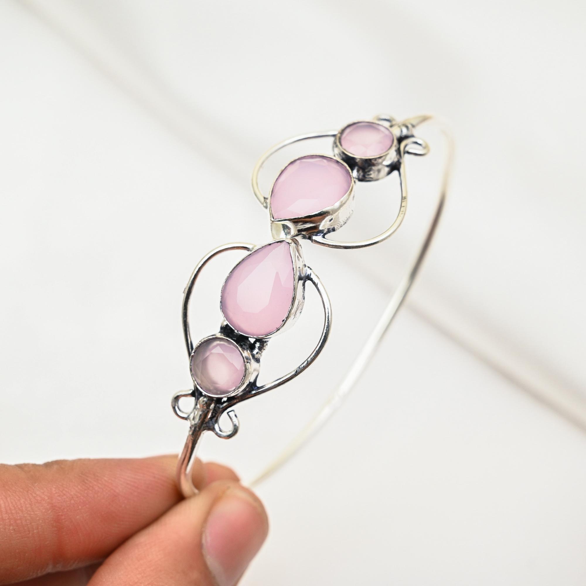 

Браслет с розовым халцедоном и драгоценными камнями, браслет ручной работы из цельного серебра 925 пробы, ювелирные изделия последнего дизайна Adjustable розовый