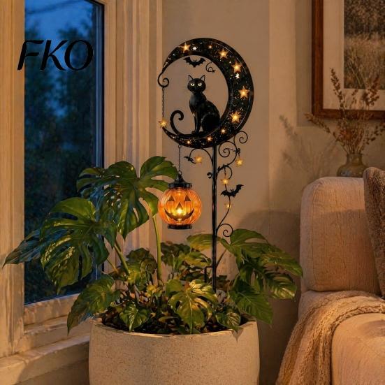 Halloween Solar Garden Stake Lights Light, Metal Black Cat & Pumpkin Moon Waterproof Spooky Bat Decorations for Lawn Patio Yard Pathway Outdoor Decor,