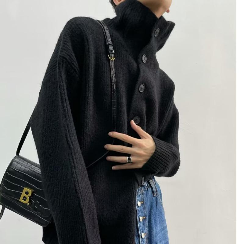 Unisex kardigan s vysokým límcem na knoflíky v korejském stylu - Módní svetr-bunda na jaro/podzim