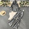 Autumn Spring Women Vintage Print Knit Two Piece Sets Women Casual Knitwear Hooded Zipper Sweatshirts Coats High Waist Wide Leg Pants Suits