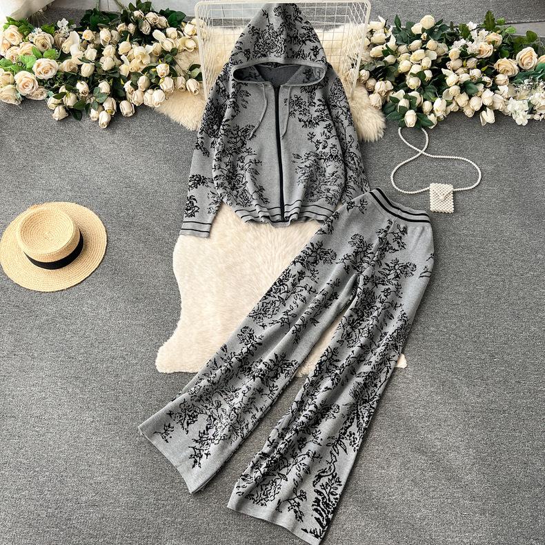 Autumn Spring Women Vintage Print Knit Two Piece Sets Women Casual Knitwear Hooded Zipper Sweatshirts Coats High Waist Wide Leg Pants Suits