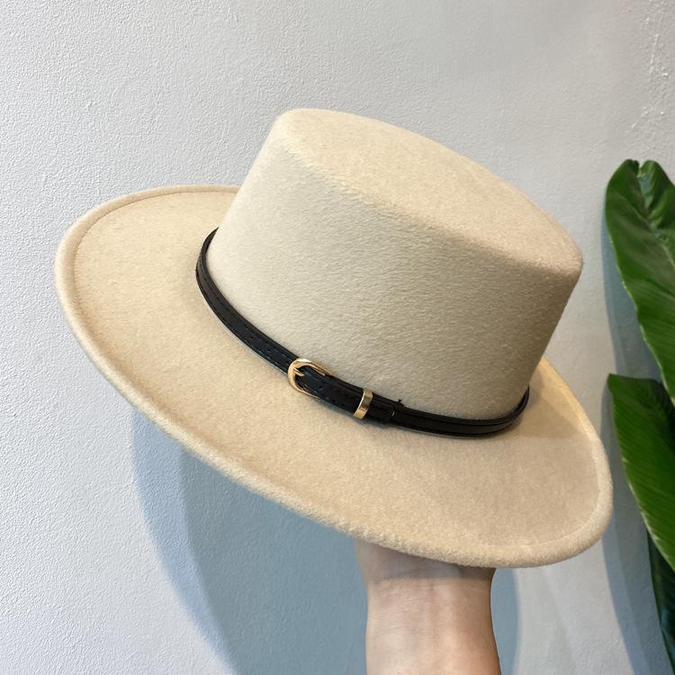 Lolita Autumn and Winter British European and American Style Belt Flat Top Top Top Hat Men's and Women's Wide Brim Retro Woolen Black Jazz Hat