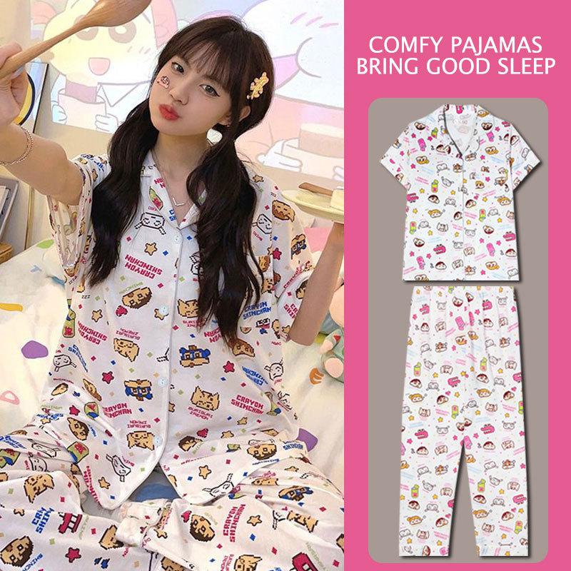 Japanese Kitty Cat Pajamas Women's Summer Thin Short-sleeved Trousers Loose Plus Size Girl Raw Loungewear Set