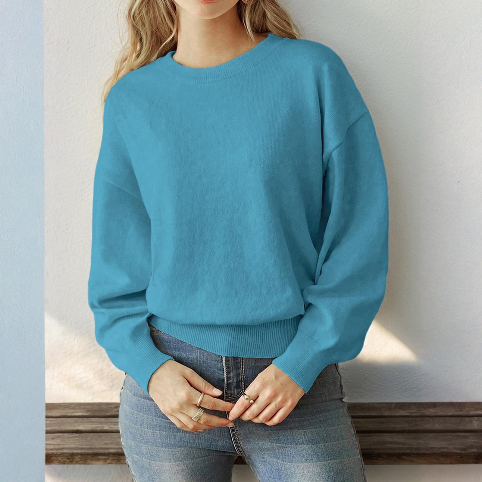

Women s Fashion Casual Loose Comfortable Solid Color Fashion Pullover Round Neck Long Sleeve Female Sweater S синий