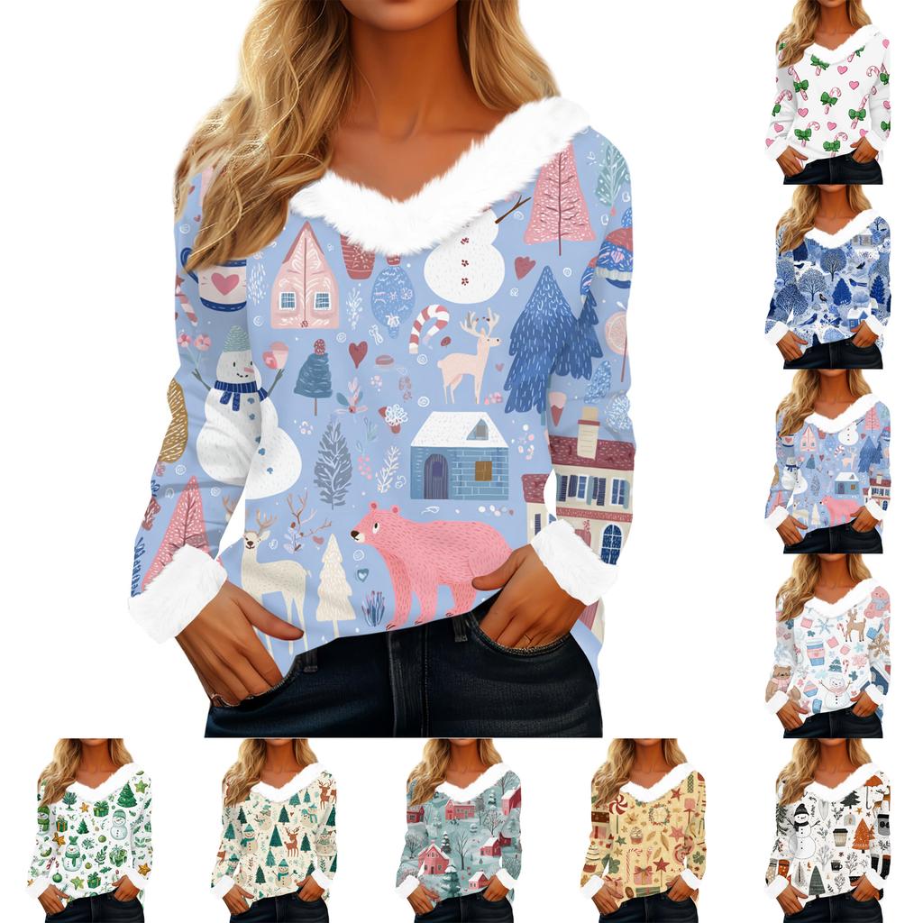 Women's Casual Fashion Long Sleeve Christmas Printed Flannel Collar Top