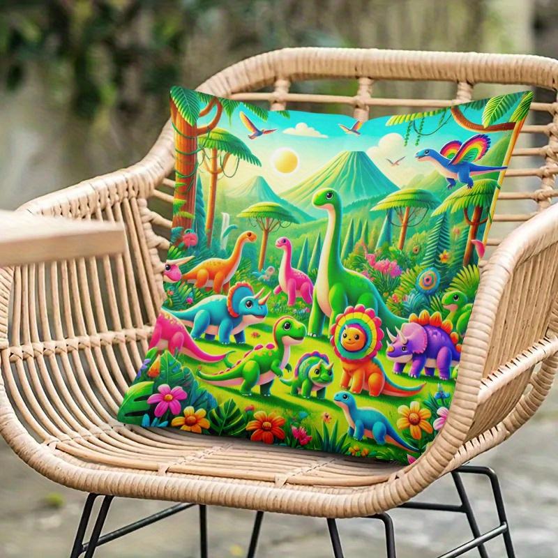 1Pc Cartoon Dinosaur Jungle Print Throw Pillow Cover,Suitable For Sofa,Bedroom,Living Room,A Fun Gift For Kids