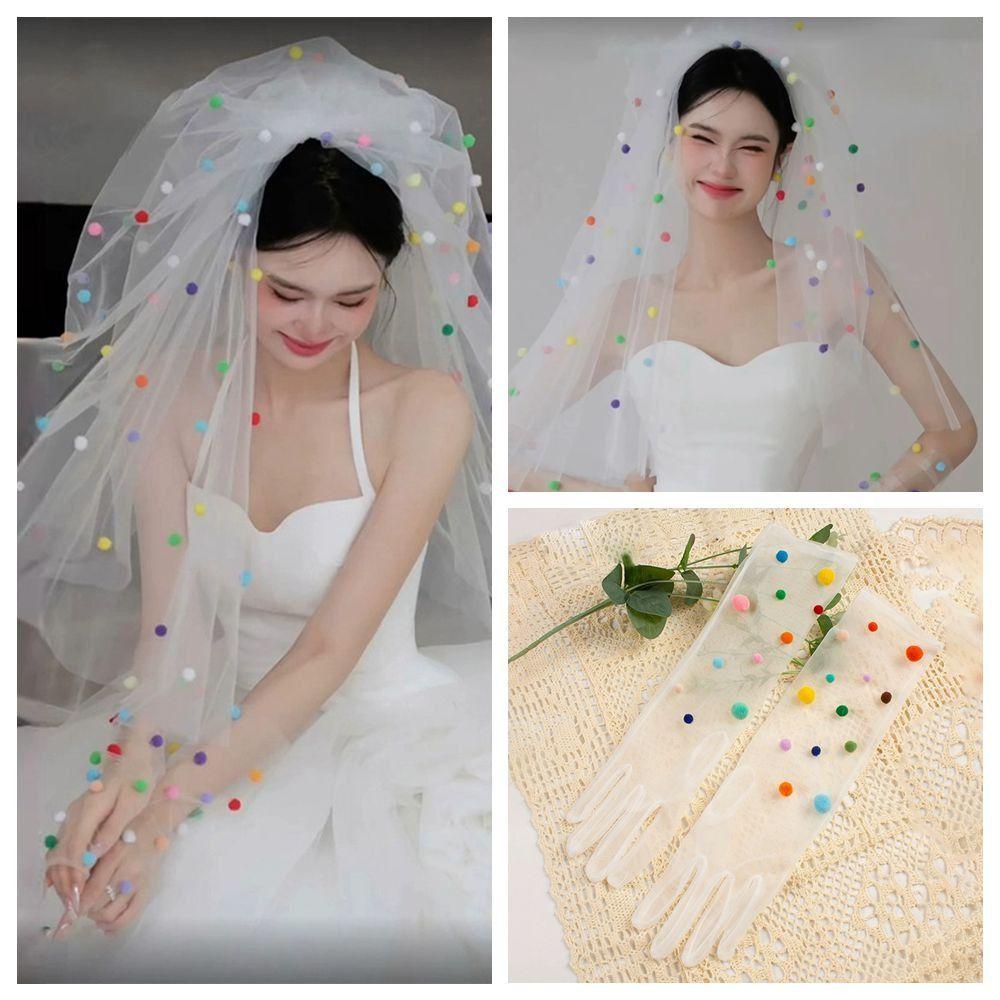 Photo Props Pompom Mesh Tulle with Clip Gloves New White Veil