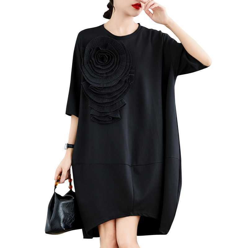 Pleated Three-dimensional Flower Short-sleeved T-shirt Dress Summer Light Luxury French Loose Chic Dress