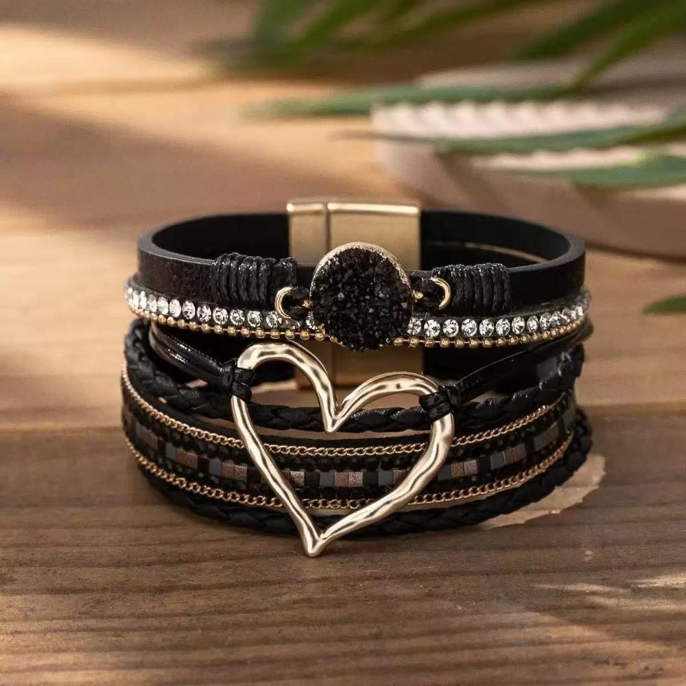 Leather Bohemian Style Bracelet Crystal Stacked Zircon Bracelets Heart Woven Bracelet  For Women