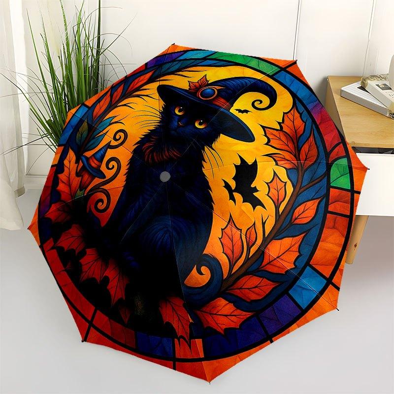 Halloween Witch Cat Stained Cute Window Panel Umbrella, Cute Umbrella with Cute Design, Portable 3-Fold Compact Umbrella for Men & Women, Valentine's