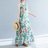 Summer Loose Cotton Linen Printed Round Neck Sleeveless Dress for Women Mid To Long Length Casual Dresses