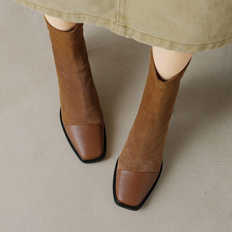 Krazing Pot Cow Skin Autumn Winter Shoes Square Toe Mixed Color Thick High Heels Zipper Chelsea Boots Women Stretch Ankle Boots