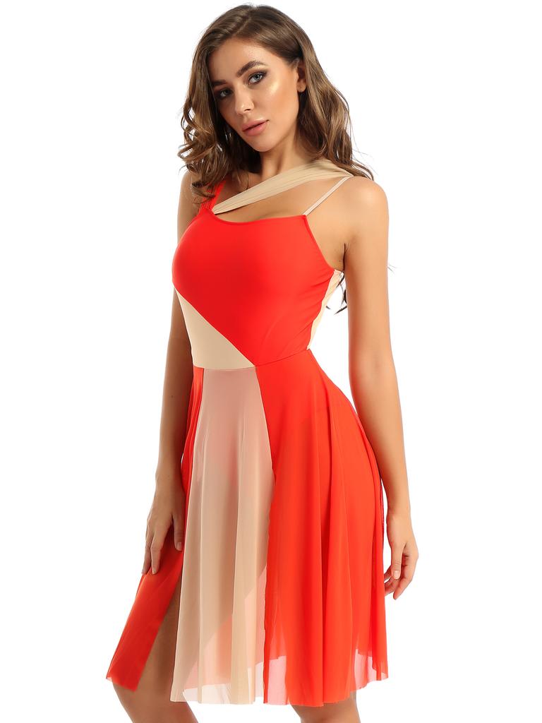 Ärmlös färgblock Balett Dans Gymnastik Body Mesh Overlay Balett Samtida Dansklänning Lyrisk Leotard Performance Kostym