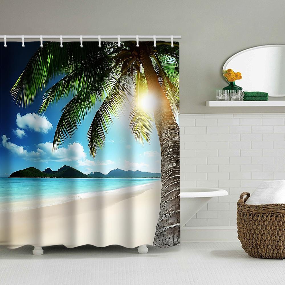 1/4 Seaside scenery shower Curtains, Toilet Seat Decoration, Shower Curtain with Carpet and Toilet Lid, 12 70.8x70.8 inch Hooks