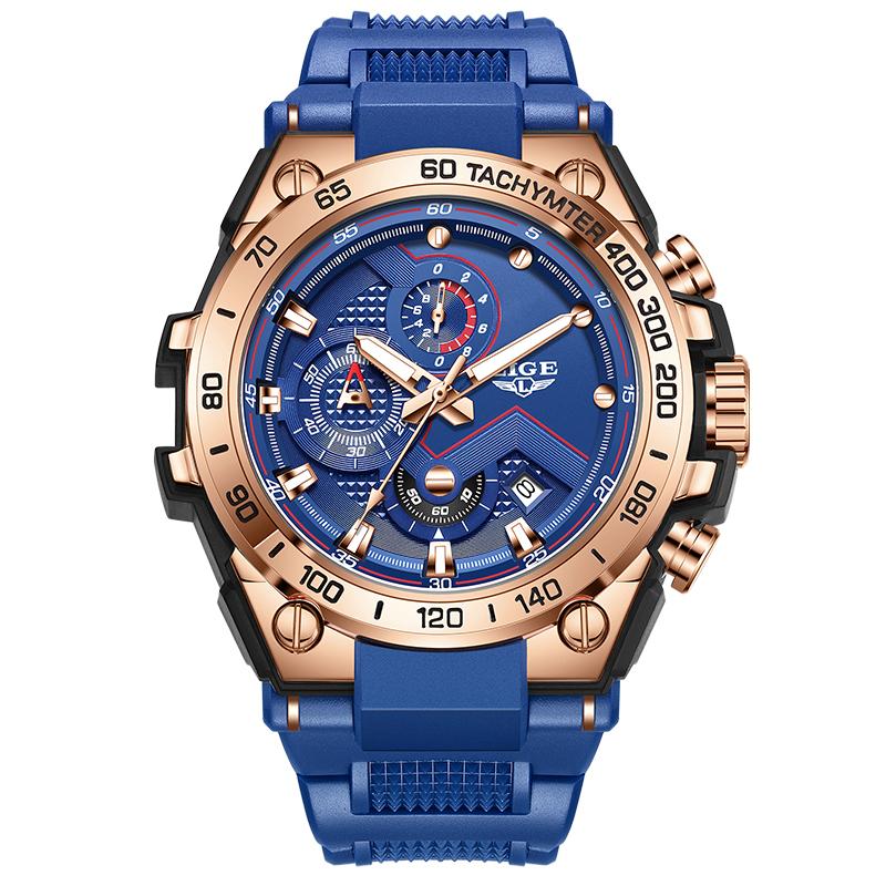 

Мужские часы LIGE Многофункциональный циферблат-субциферблат Силиконовый ремешок Мужские кварцевые часы золотой/синий