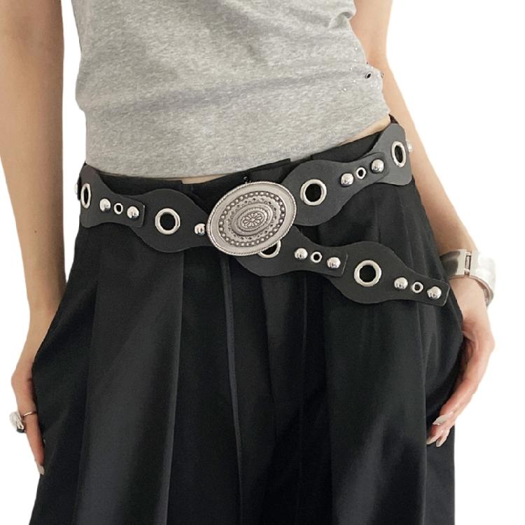 

Cowgirl Style Belt Sash for Women Distressed Studded Accent Adjustable PU Leather Strap Retro Western Waistband чёрный