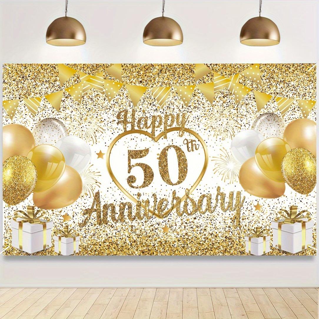 A polyester 50th anniversary wedding background fabric and a golden banner for the happy 50th anniversary 100x150cm