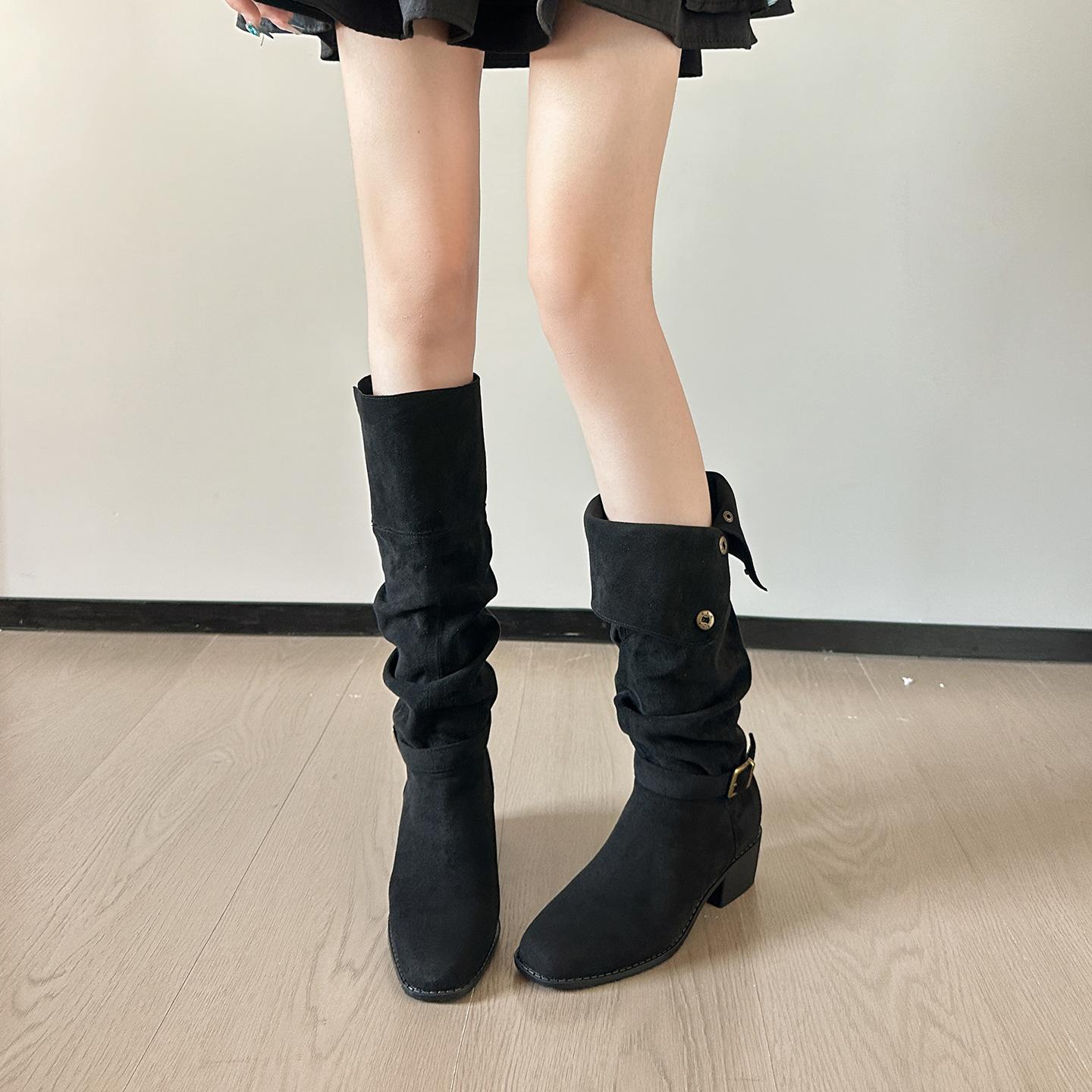 

Retro slim pile boots women s 2025 new models but knee western cowboy boots with increased inner height and two soft-soled boots 39
