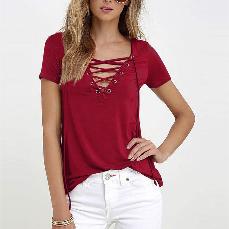 

Футболка с v-образным вырезом и крестом, женские летние топы с короткими рукавами, ажурный топ L темно-красного