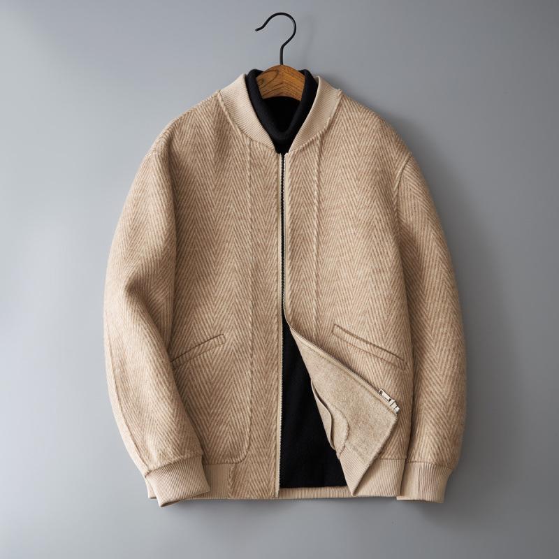 

High quality herringbone wool double-sided tweed coat men s short baseball collar jacket wool woolen coat top 3XL хакі