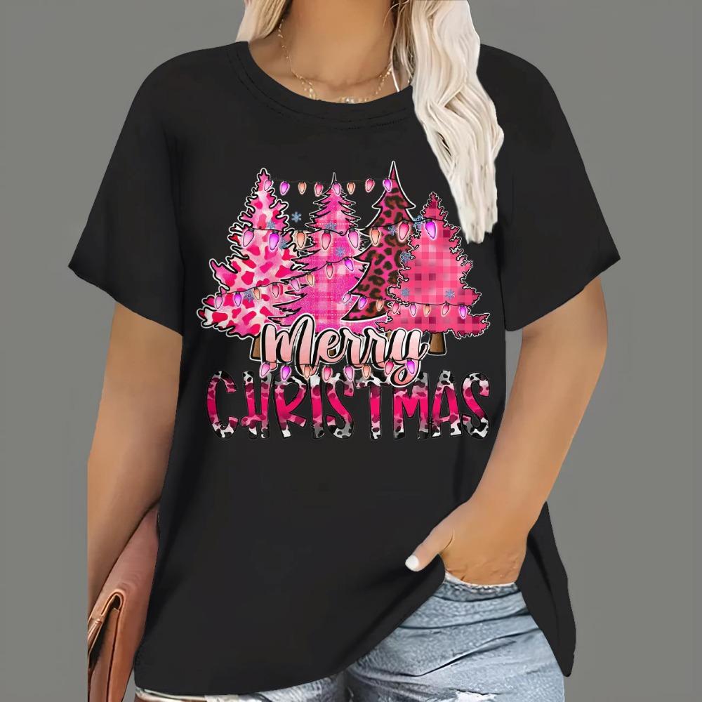 Women's Christmas T-shirt, cartoon Santa Claus print, short-sleeve, round-neck, casual party loose top