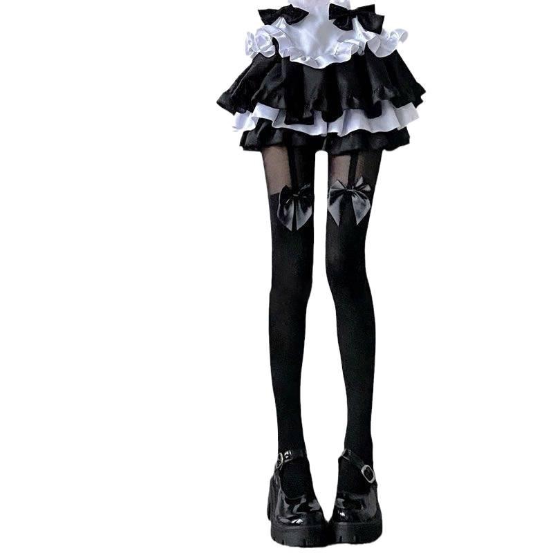 Japanese Black Bow Fake Thigh High Socks with White Suspender