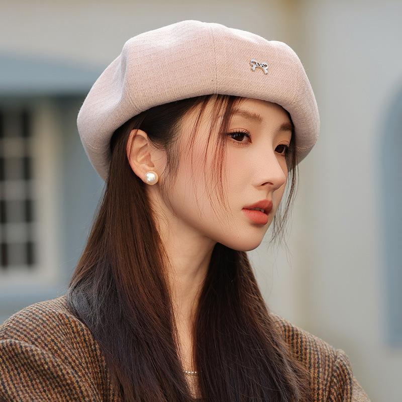 Korean Casual Bow Beret Women's Autumn and Winter New Style Face-showing Small Pumpkin Hat Warm and Versatile Octagonal Bud Hat
