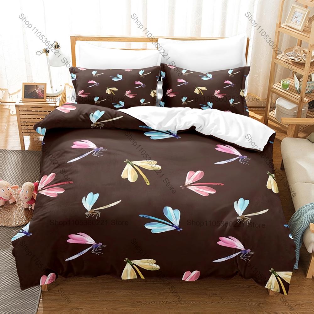 Cute Cartoon Dragonfly 3 Piece Bedding Set Soft Microfiber Duvet Cover Set with Pillowcases for Kids Bedroom Decor All Season
