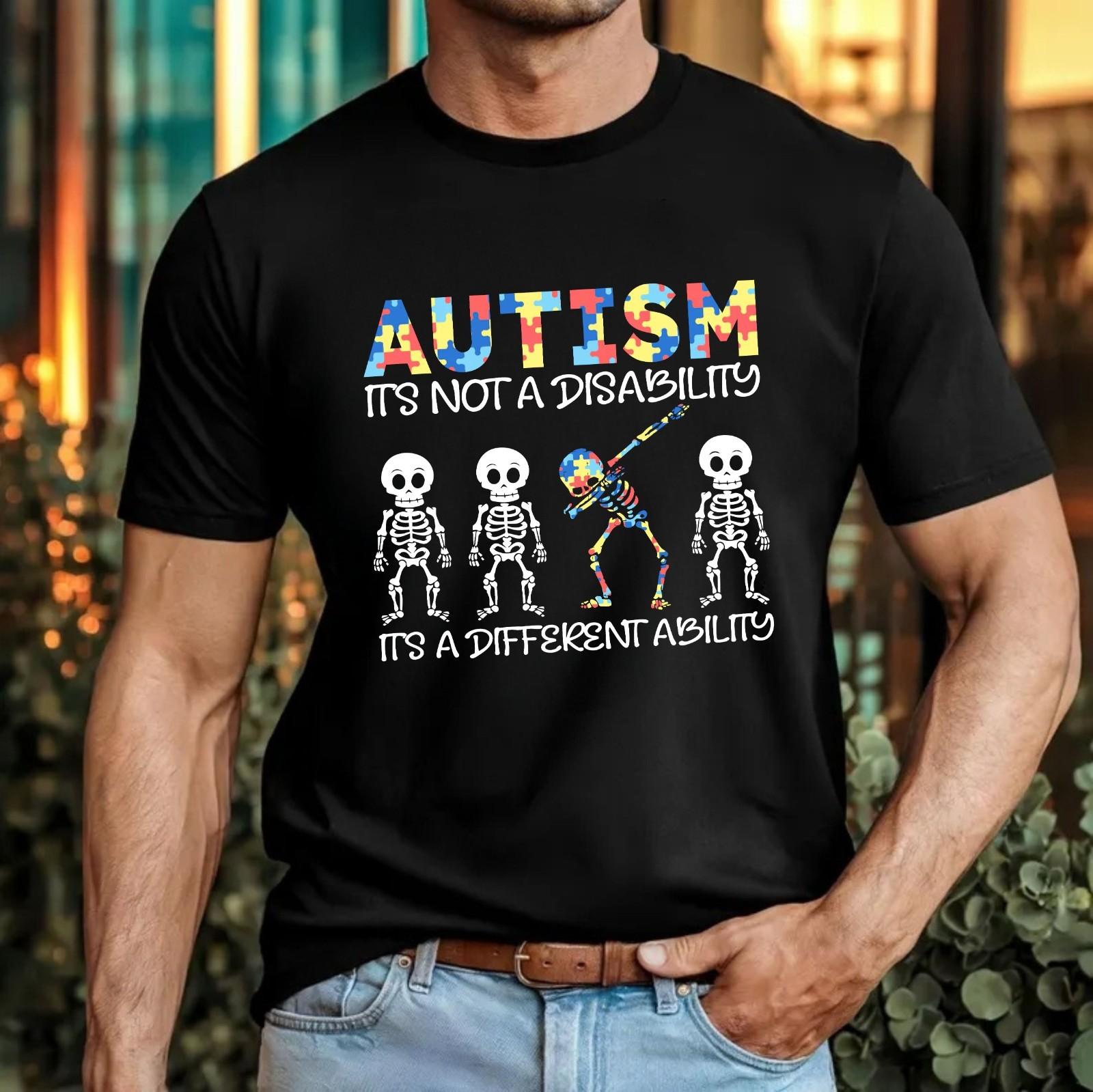Autism Awareness Dabbing Skeleton T-Shirt Different Ability Puzzle Support Top XL