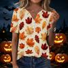 Women's Casual Short Sleeve V-Neck T-Shirt with Leaf Print and Decorative Buttons