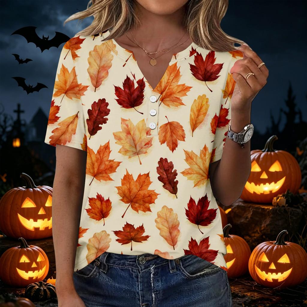 Women's Casual Short Sleeve V-Neck T-Shirt with Leaf Print and Decorative Buttons