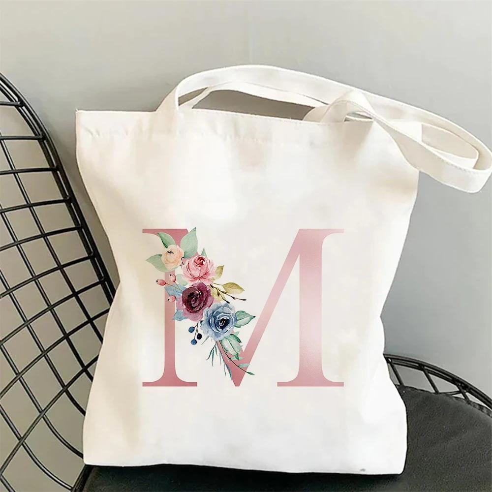 Blumen Alphabet A-Z Damen Einkaufs-Tragetaschen Canvas Große Kapazität Studenten Toilettenartikel Organizer Lässige Tragetasche Buchstaben-Taschen Geschenk