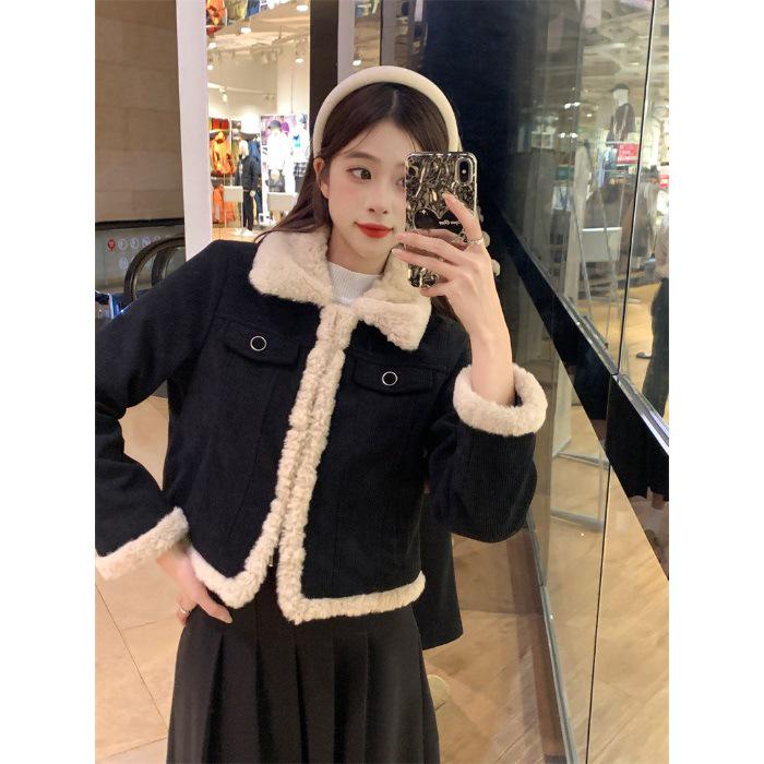 High-End Corduroy Plush Warm Jacket for Petite Women - Autumn/Winter Style S