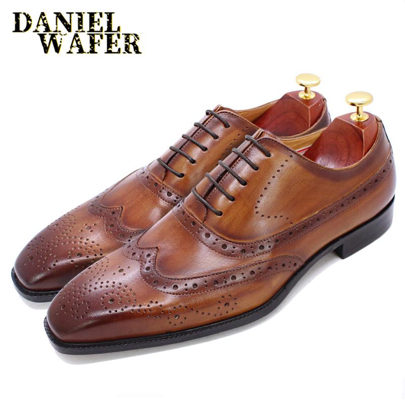 Fashion Size 38 To 47 Classic Genuine Leather Mens Wingtip Oxfords Office Business Formal Shoes Lace-up Brogue Wedding Shoes for Men