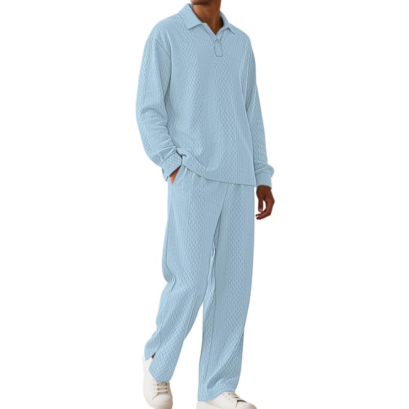 Herbst und Winter Herren einfarbig Jacquard-Struktur lässig Revers Pullover Langarm Hose Sportanzug