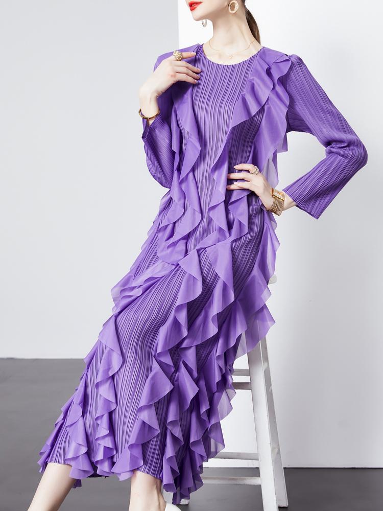 Xitao Volány Patchworkové Šaty Dlouhý Rukáv Plisované Temperament Elegantní Volné Dámské DMJ3992