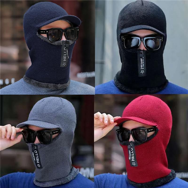 Men Knitted Woolen Hats Winter Zipper Thickened Plush One Piece Hat Collar Set Cap Outdoor Cycling Neck Protection For Male