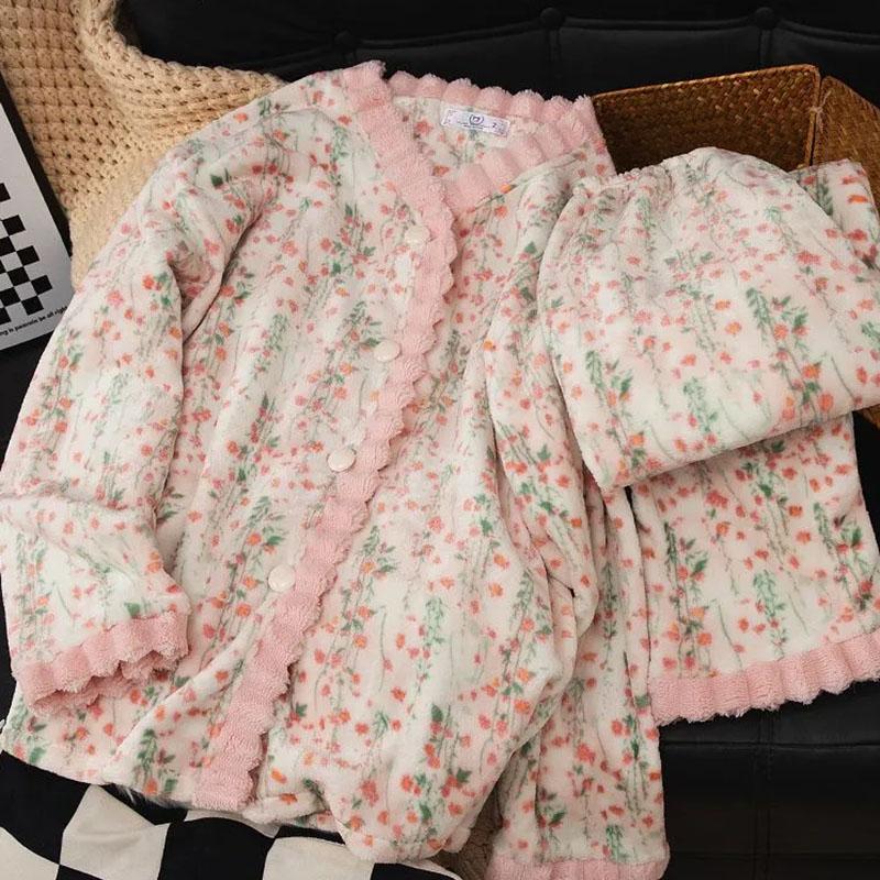 

Женские костюмы комплекты хлопок большой размер пижамы зимние утолщенные флисовые длинные брюки из двух частей оверсайз костюм 2 предмета XXL розовый